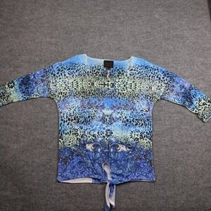 French Blue Shirt Womens Small Blue Animal Print Tie Front 3/4 Sleeve Rhinestone